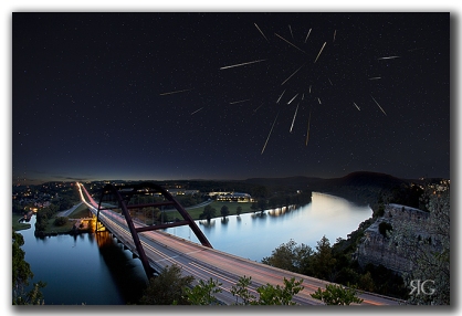 Night of the Draconids over Pennybacker Bridge near Austin, Texas